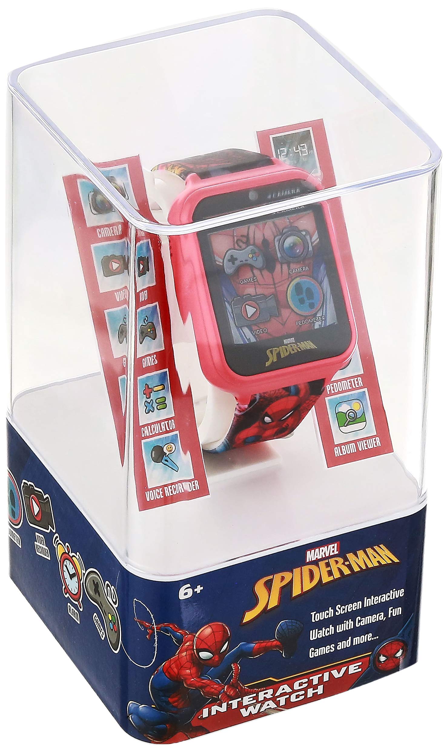 Accutime Kids Marvel Spider-Man Red Educational Touchscreen Smart Watch Toy for Boys, Girls, Toddlers - Selfie Cam, Learning Games, Alarm, Calculator, Pedometer, and More (Model: SPD4667AZ)