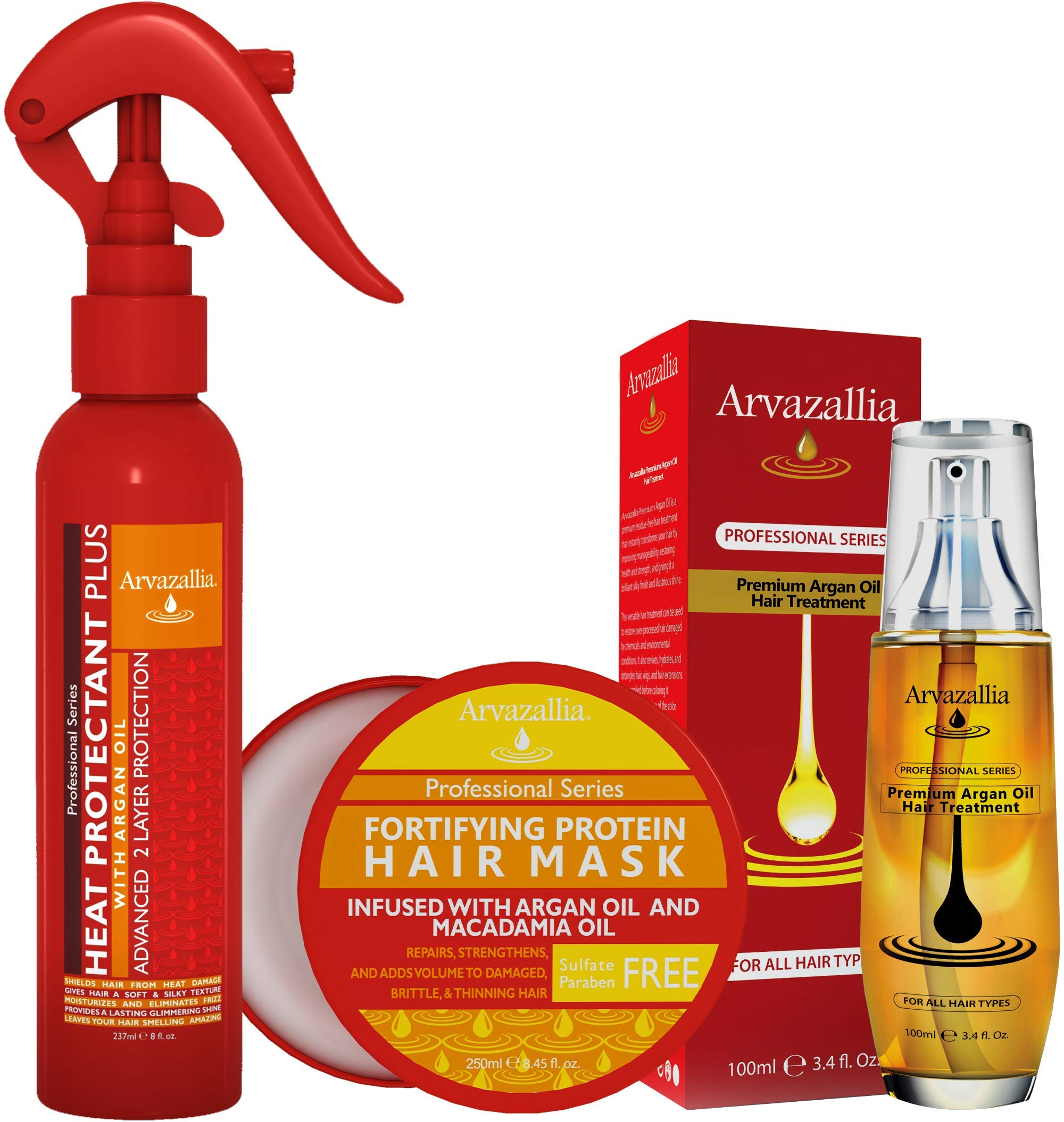 Arvazallia Heat Protectant , Protein Hair Mask , and Premium Argan Oil Hair Treatment Bundle - The Ultimate Hair Care Treatments for Protecting, Preventing, and Repairing Heat Damage