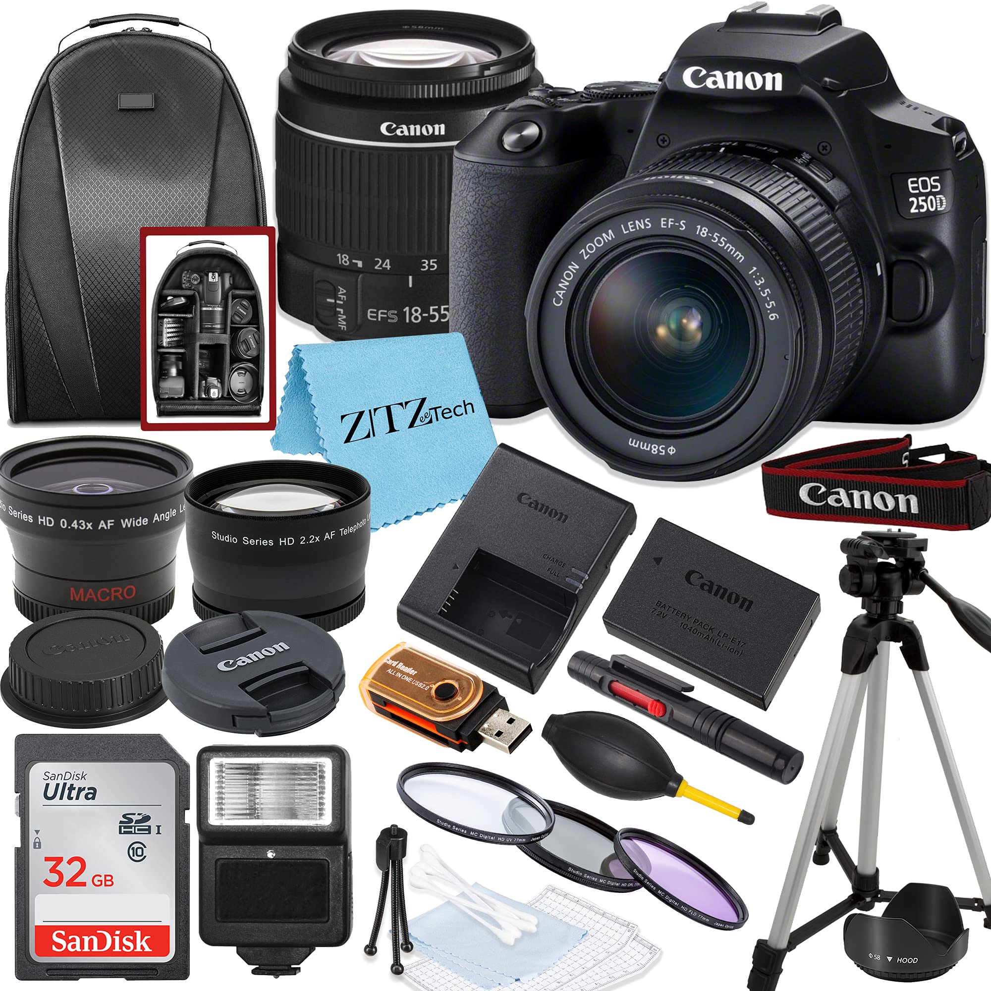 Canon EOS 250D / Rebel SL3 DSLR Camera with EF-S 18-55mm Lens + SanDisk 32GB Memory Card + Tripod + Case + Wideangle Lenses + ZeeTech Accessory Bun...