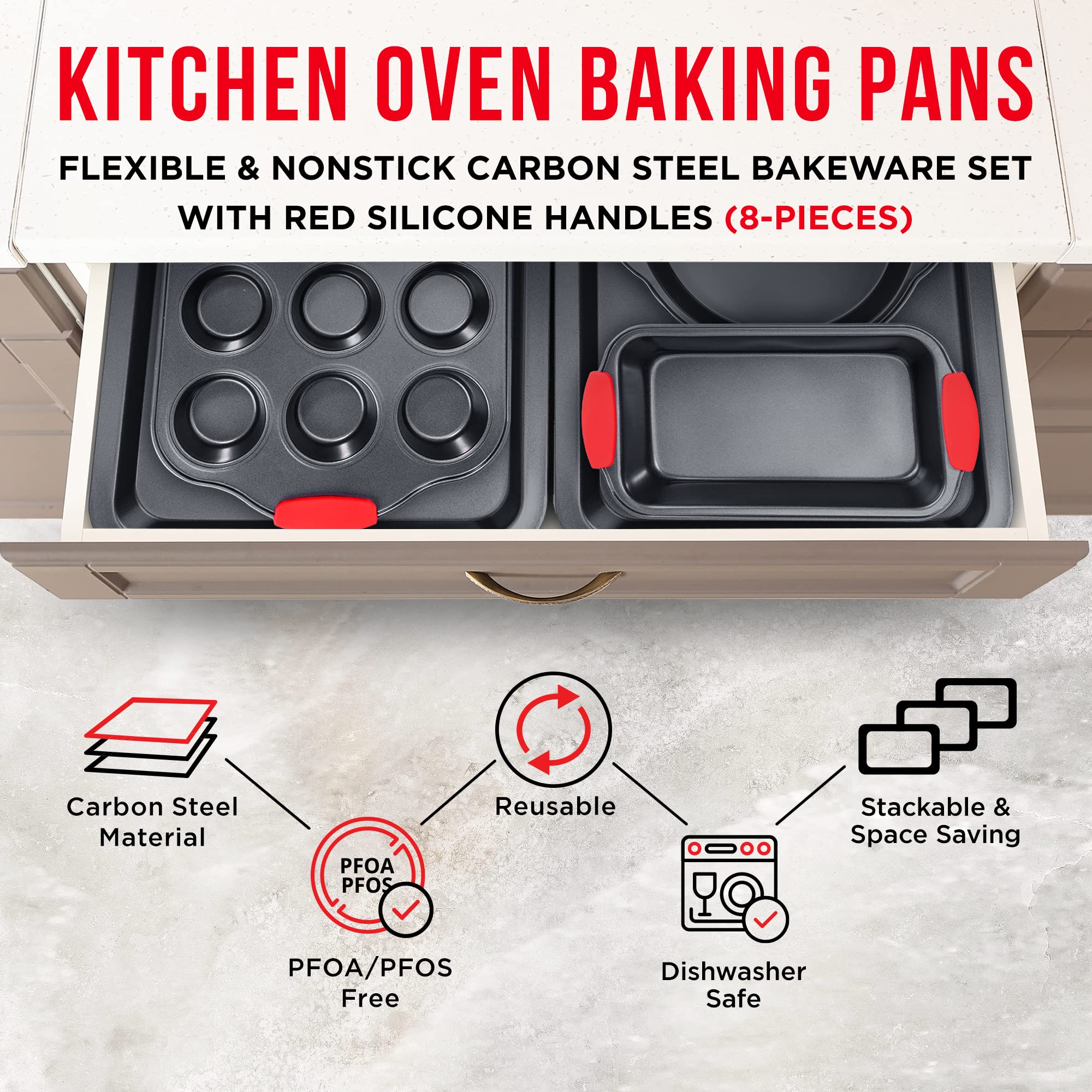 Baking Set – 8 Piece Kitchen Oven Bakeware Set – Deluxe Non-Stick Black Coating Inside and Outside – Carbon Steel – Red Silicone Handles – PFOA PFOS and PTFE Free by Bakken