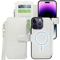 Harryshell Compatible with iPhone 14 Pro Max Case Wallet Support MagSafe Wireless Charging with 3 Card Slots Holder Cash Coin Zipper Pocket Pu Leather Flip Closure Wrist Strap (White)