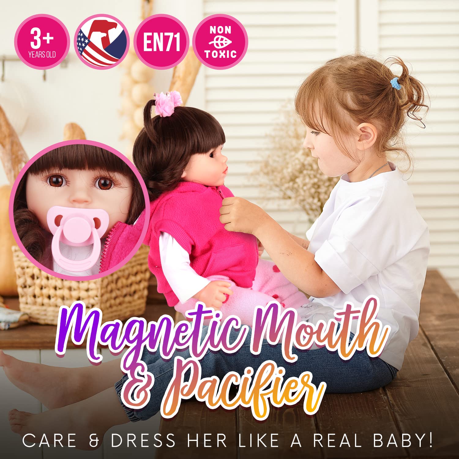 DOLLHOOD Reborn Baby Dolls - 18-Inch Realistic Baby Doll with Complete Baby Doll Accessories - Lifelike, Soft Newborn Girl Doll with 360° Movable Arms and Legs. Includes Birth Certificate