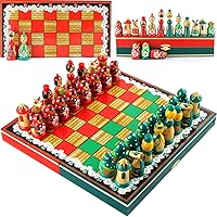 Chess Set Board Game Russian Dolls Set - Themed Chess Russian Folk Art Chamomile - Matryoshka Nesting Doll Chess Pieces Wood Decor - Unique Chess Set Souvenirs