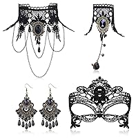 JeryWe Halloween Jewelry Set for Women Gothic Black Lace Choker Necklace with Vintage Earrings Lace Gloves Mask Black Ring for Halloween Costumes, Cubic Zirconia