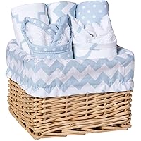 Trend Lab Blue Sky 7 Piece Feeding Basket Gift Set - 2 Deluxe Bibs, 3 Deluxe Burp Cloths, Liner, Willow Basket