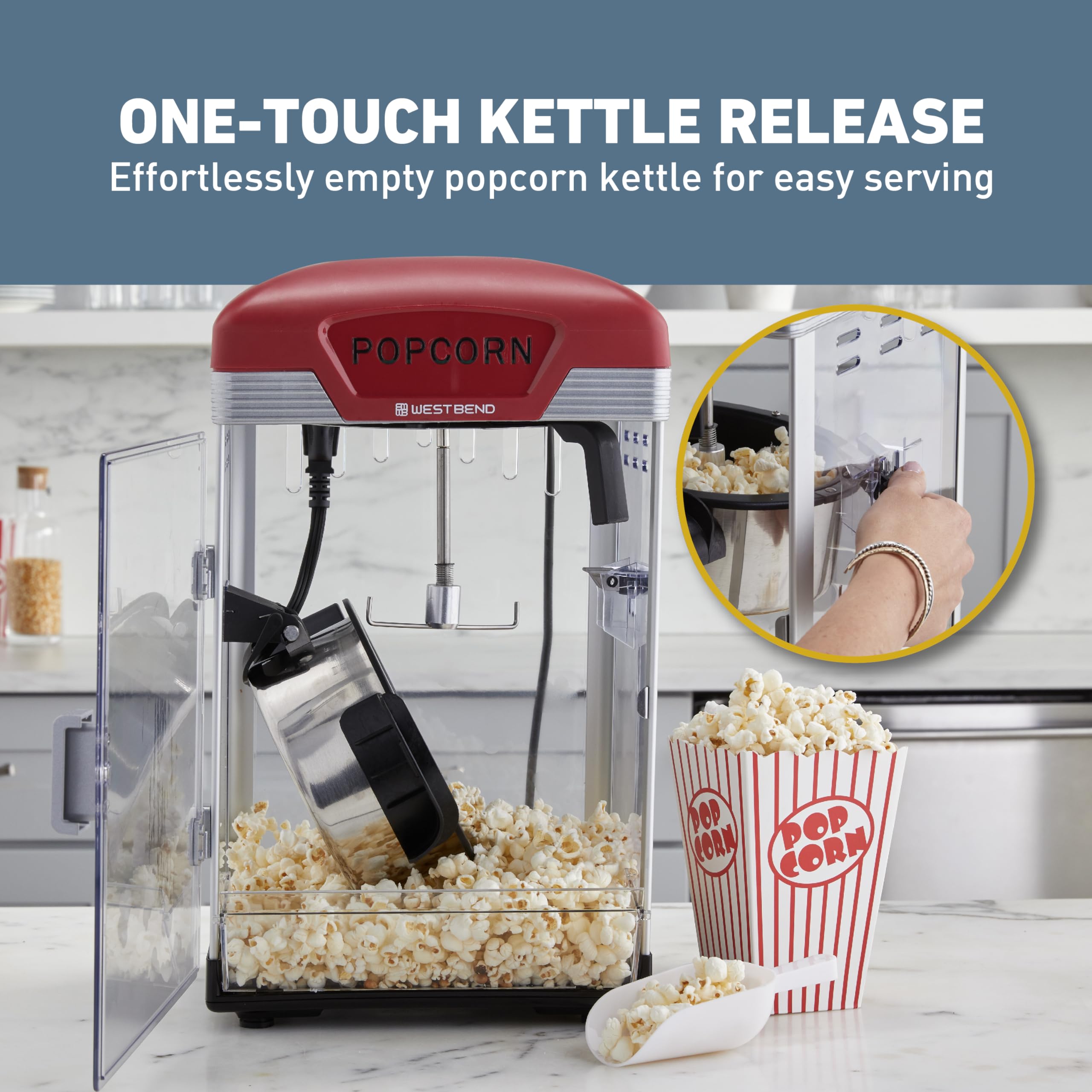 West Bend Stir Crazy Movie Theater Popcorn Popper, Gourmet Popcorn Maker Machine with Nonstick Popcorn Kettle and Popcorn Scoop for Popcorn Machine, 4 Qt., Red