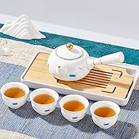 DUJUST Porcelain Chinese Tea Set, Small Size Kungfu Tea Set, Traditional & Classic Chinese Landscape Decorated with Golden Trim (Including 1 Teapot, 4 Tea Cups, 1 Tray)
