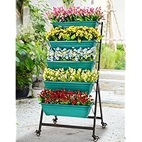 5-Tier Vertical Raised Garden Bed with 4 Lockable Caster Wheels, Sturdy Steel Vertical Garden Planter with Efficient Drainage Tray, Ergonomic Ladder Planter with Included Garden Tools, Green