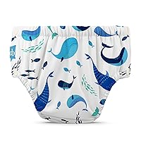 Charlie Banana Reusable Swim Diaper, Washable, with Easy On and Off Snaps for Baby Girls Boys, Soft and Snug Waterproof Fit to Prevent Leaks - The Whale on White, Size M (16-28 lbs)
