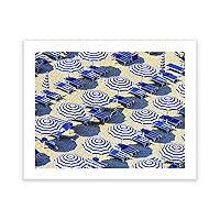 Humble Chic NY Beach Art Picture Poster Matted White Frame for Home Decorations, Living Room, Dining Room, Bedroom, Bathroom and Office Tropical 16 x 20 Unframed Blue Striped Umbrellas