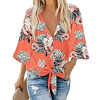 ZEFOTIM Shirts for Women Trendy,Summer Classic Plain Button Down Tops Shirts Flowy Bell Sleeve V-Neck Blouse Tees Tunic Going Out Tops for Women Chiffon Blouses for Women(#3-Orange,Large)