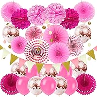 ZERODECO Party Hanging Paper Fans Set, Pink Confetti Balloons Decorative Folding Fans Paper Pompoms Triangle Bunting Flags Garlands for Wedding Birthday Baby Shower Photo Backdrop Party Decorations
