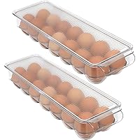 Refrigerator Organizer Bins for Eggs - Eggs Container for Refrigerator - 14 Egg Organizer Container with Lid & Durable Handle - Stackable Plastic Egg Holder for Refrigerator - Clear, Set of 2