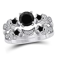 Moon Star Style Wedding Band Bridal Set 1.75 tcw CZ Black & Cubic Zirconia Round Engagement Ring Set Size 4 to 11