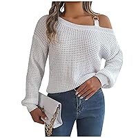 Women's Fashion Casual Loose Metal Buckle Spliced Off-Shoulder Sweater Solid Color Long Sleeve Sweater Pullover Top