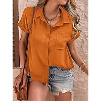 Women's Tops Women's Shirts Sexy Tops for Women Patched Pocket Batwing Sleeve Blouse (Color : Orange, Size : X-Small)