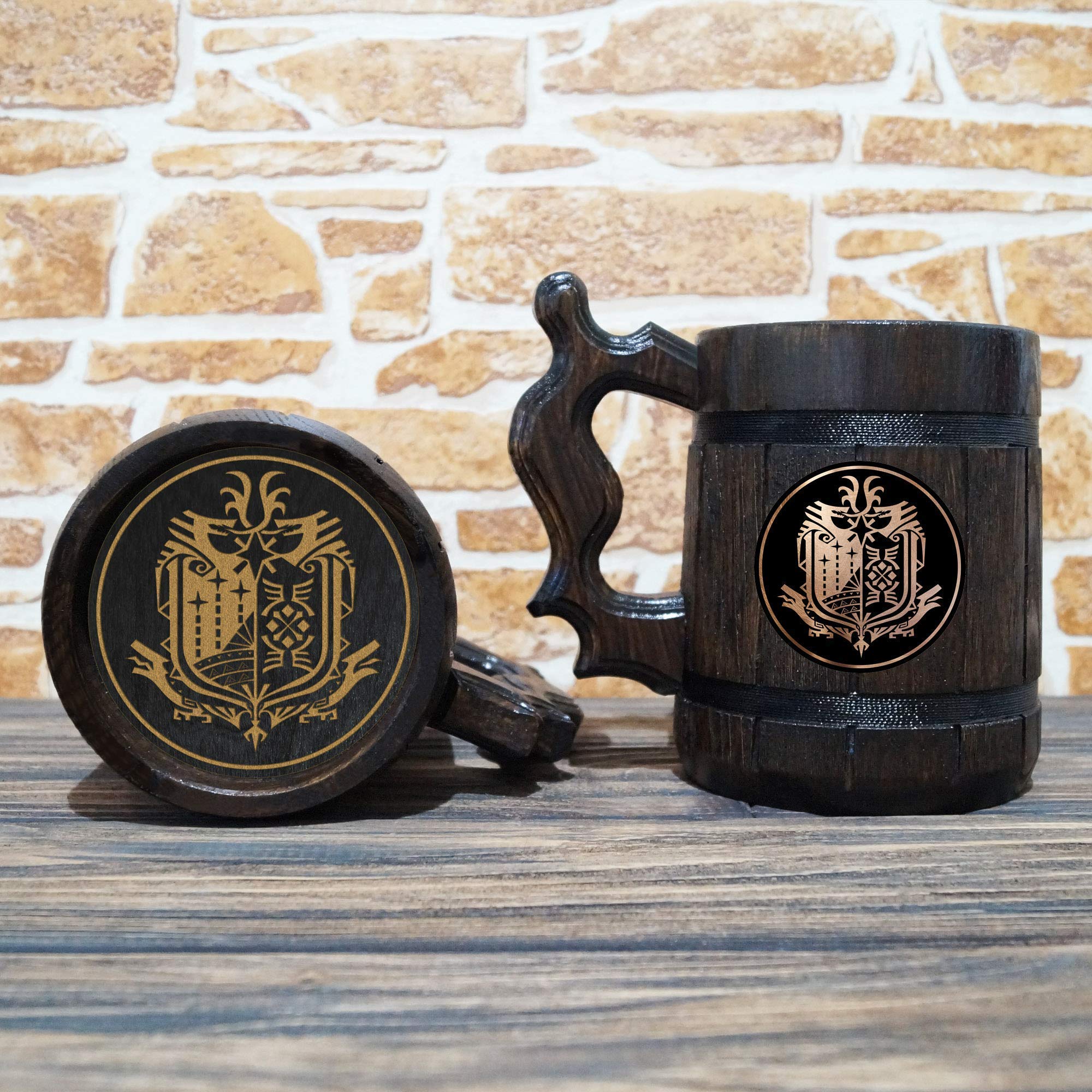 MHW Beer Mug, 22 oz, MH Beer Stein, Gamer Gift, Personalized Wooden Tankard, Custom Gift for Men, Gift for Him