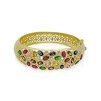 Bridal Jewelry 22k 24K Yellow Gold Plated Women Rare AAA Syn Muti Gems Filigree Flower Bracelets Cuff Bangle 13 Mm 5.7 Cm
