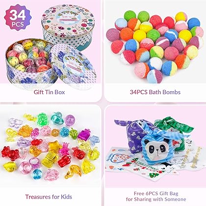 34 + 6 Bath Bombs with Crystal Toys Inside for Kids, 34PCS Organic Surprise Bath Bomb Gift Set for Christmas, Birthday, Easter, Natural Fizzy Bath Spa for Relaxation, 6PCS Gift Bags for Party Favor