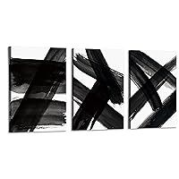 ArtbyHannah Black and White Abstract Canvas Wall Art with Strokes Abstract Shapes Illustrations Modern Art Prints for Living Room Bedroom Decoration - 3 Panels 16x24 inch