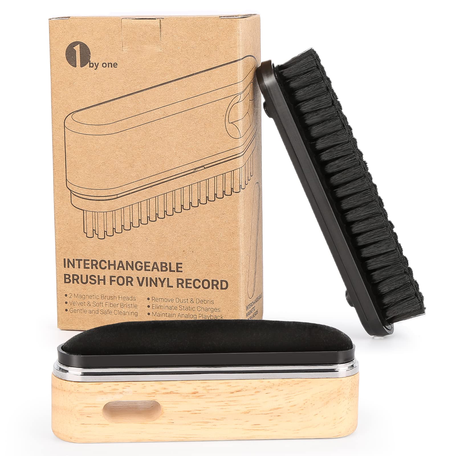 1 BY ONE Vinyl Record Cleaner Brush, Anti-Static Clean Brush for LP, Record Cleaning with Velvet & Soft Fiber Record Brush, Interchangeable Magnetic Brush Heads