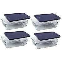 6-cup 7211 Rectangle Glass Food Storage Containers with Blue Plastic Lids - 4 Pack Made in the USA