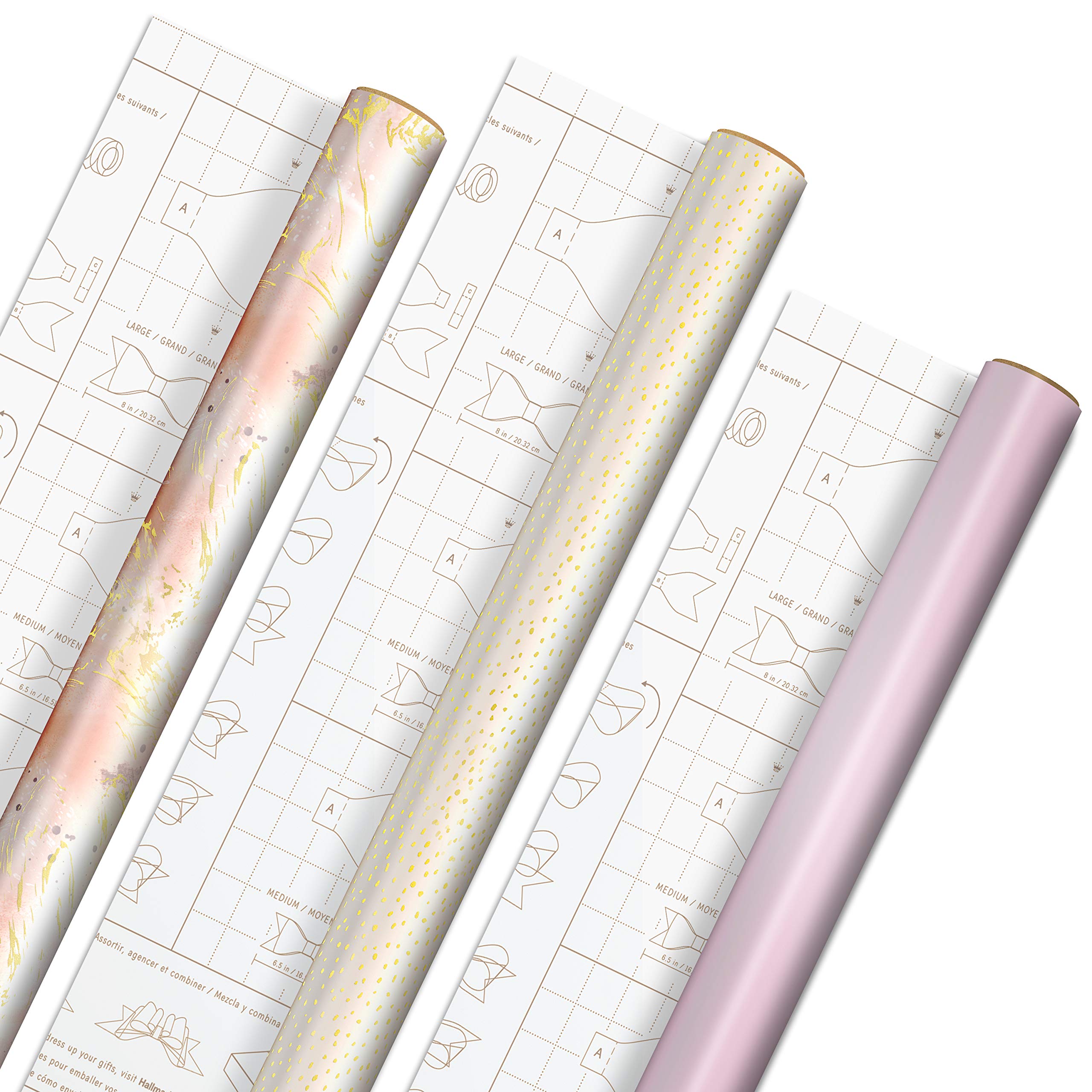 Hallmark Pink and Gold Wrapping Paper with Cutlines and Optional DIY Bow Templates on Reverse (3 Rolls: 75 sq. ft. ttl) for Christmas, Birthdays, Weddings, Bridal Showers, Baby Showers, Crafts