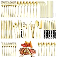 69 Piece Gold Silverware Set with Steak Knife Service For 8, Golden Flatware Cutlery Set Stainless Steel Utensils Mirror Polishe Spoons and Forks with Metal Straw, Slotted Spoons, Tongs, Tableware