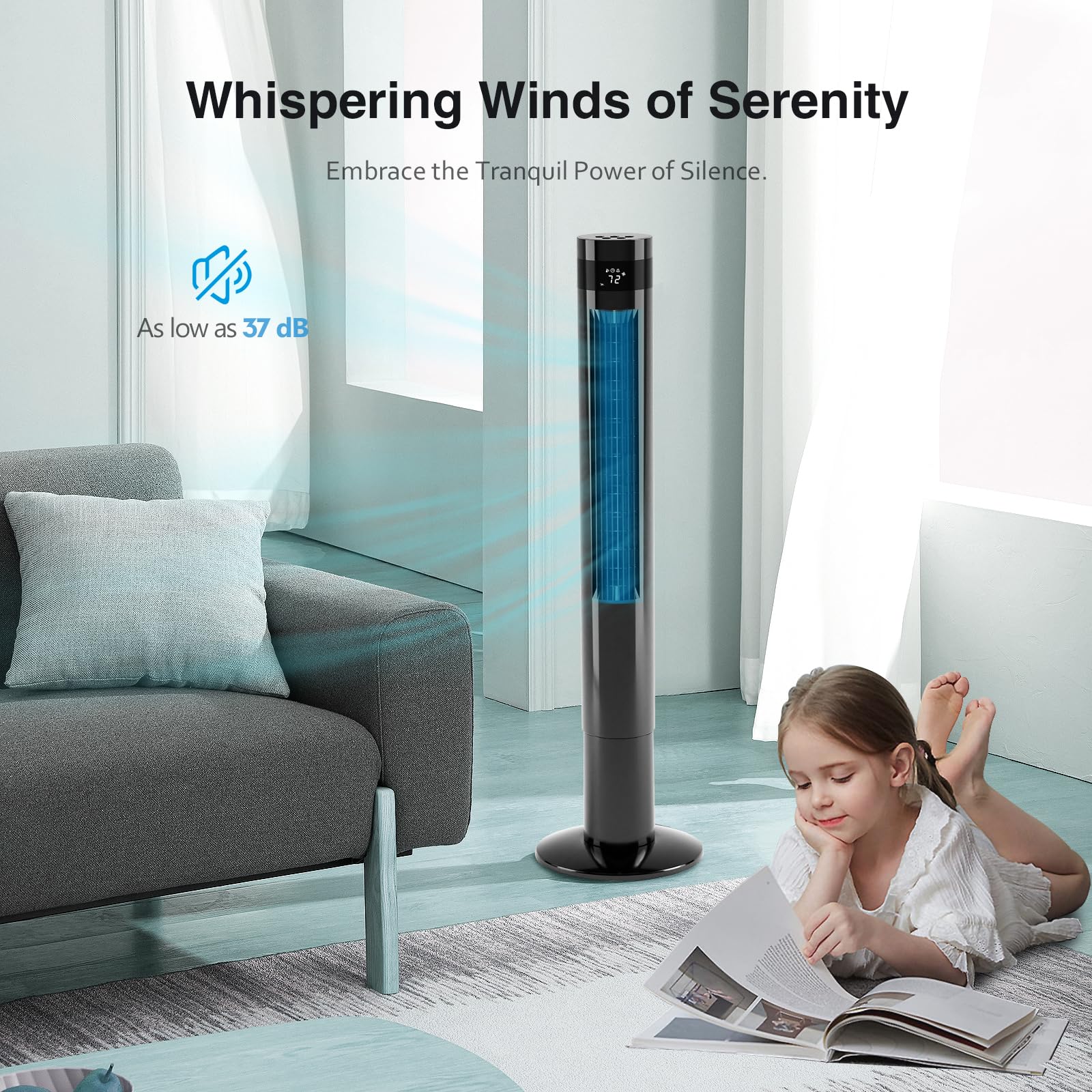 R.W.FLAME Tower Fan, Oscillation fan with Remote Control, Standing fan for office, 3 Wind Modes,Time Settings, Portable Bladeless Floor Fans for Home with Children/Pets/Elders(43