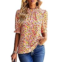IFFEI Women's 2023 Summer Boho Floral Tops Ruffle Mock Neck Half Sleeve Casual T-Shirts Loose Fit Blouses