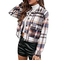 Yidarer Women's Casual Lapel Flannel Plaid Drop Shoulder Crop Shacket with Pockets
