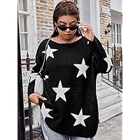 Sweater for Women - Plus Star Pattern Drop Shoulder Sweater (Color : Black, Size : XX-Large)