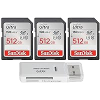 SanDisk 512GB (3 Pack) Ultra SDXC UHS-I Class 10 Memory Card 150MB/s U1, Full HD, SD Camera Card SDSDUNC-512G (3 Pack) Bundle with (1) GoRAM USB 3.0 Card Reader (512GB)