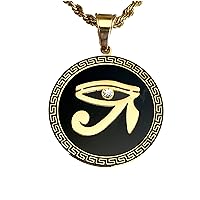 Round Freemason Egyptian Eye Of Horus Evil Eye protection Black Necklace Men Women 14k Gold Finish Pendant Stainless Steel Real 3 mm Rope Chain Necklace, Mens Jewelry, Iced Pendant, Rope Necklace
