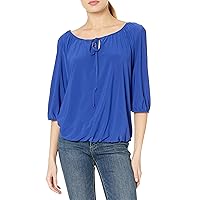 Star Vixen Women's Elbow-Sleeve Peasant Top with Keyhole Tie