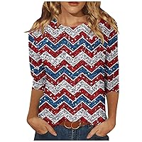 4th of July Shirts Womens American Flag Patriotic 3/4 Sleeve Blouse Loose Independence Day Crewneck Cute Festival Tops