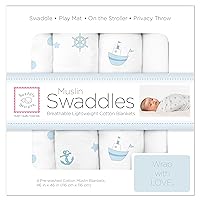 SwaddleDesigns Cotton Muslin Swaddle Blankets, Set of 4, Receiving Blankets for Baby Boys & Girls, Best Shower Gift, 46x46 inches, Pastel Blue Nautical Ships Ahoy!
