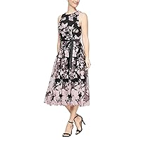 Alex Evenings Women's Sleeveless Midi Dress with Elegant Embroidery, Full Skirt and Tie Belt (Petite and Regular Sizes)