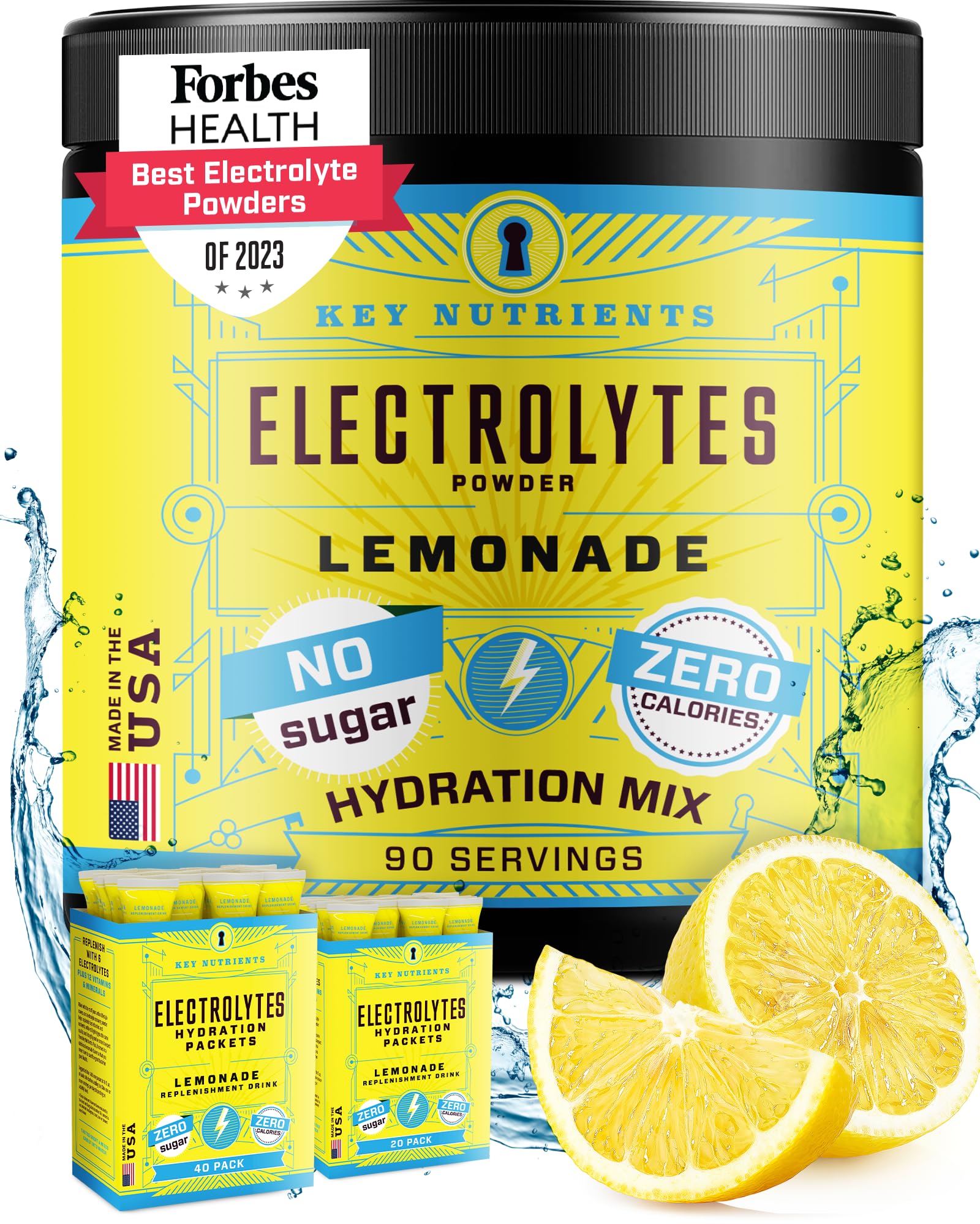 KEY NUTRIENTS Electrolytes Powder No Sugar - Refreshing Lemonade Electrolyte Drink Mix - Hydration Powder - No Calories, Gluten Free - Powder and Packets (20, 40 or 90 Servings)