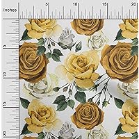 Cotton Cambric Gamboge Yellow Fabric Leaves & Rose Floral Fabric for Sewing Printed Craft Fabric by The Yard 56 Inch Wide