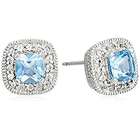 Amazon Collection Sterling Silver Cushion Cut Birthstone and Created White Sapphire Halo Stud Earrings