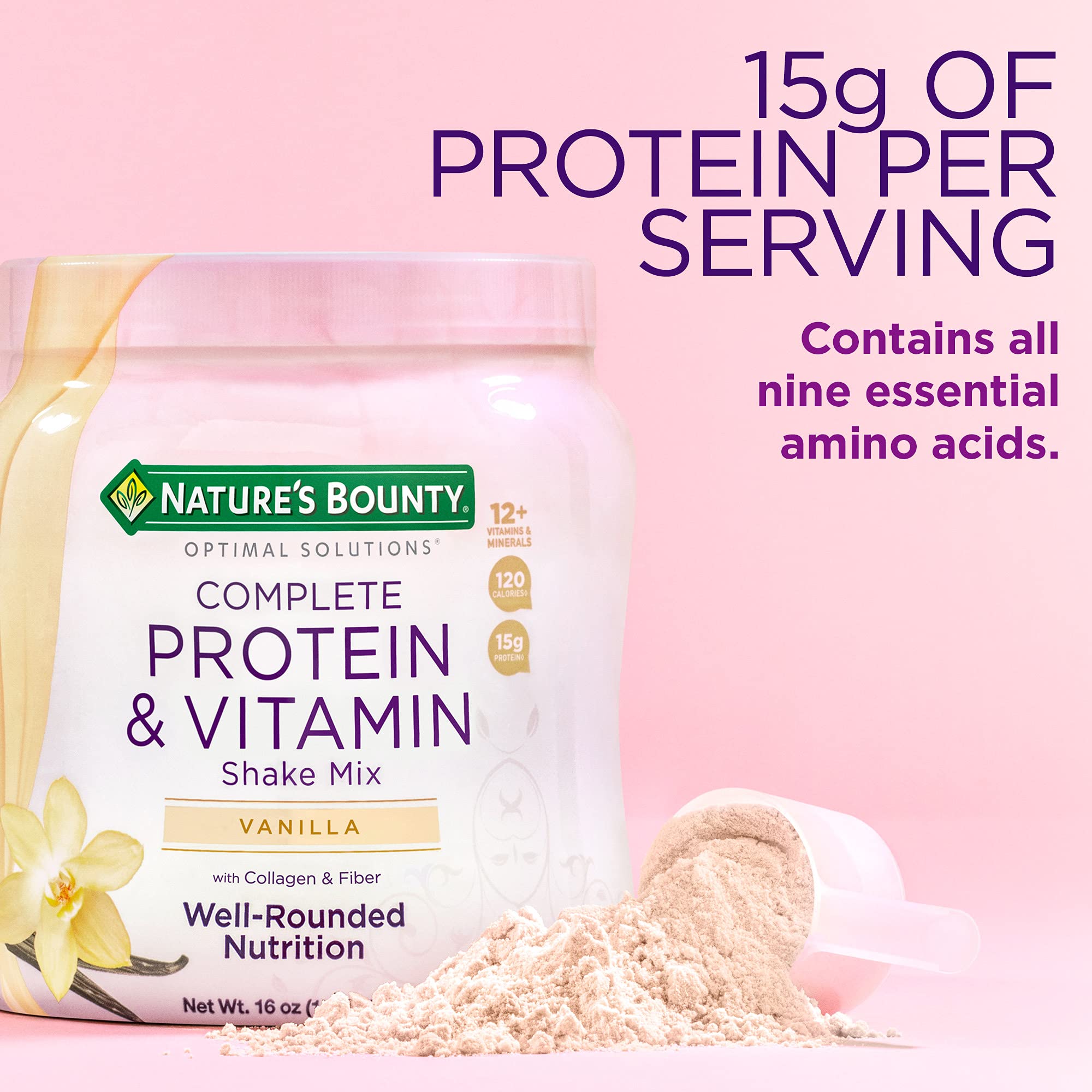 Nature's Bounty Complete Protein & Vitamin Shake Mix with Collagen & Fiber, Contains Vitamin C for Immune Health, Vanilla Flavored, 16 Oz