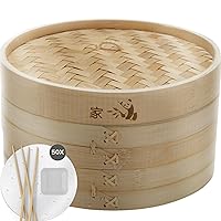 Bamboo Steamer Basket 10-inch | 2-Tier Steamer for Cooking | 50 Liners, Chopsticks & Sauce Dish | Dumpling Steamer, Food Steamer Baskets for Cooking - Rice & Vegetable Steamer Pot