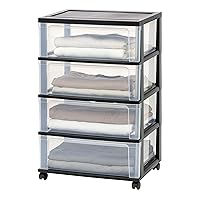 IRIS USA 4 Drawer Wide Storage Drawer Cart with Caster Wheels, Plastic Rolling Dresser for Home Closet Bedroom Bathroom Office Laundry Kitchen Craft Room Nursery and School Dorm, Black/Clear