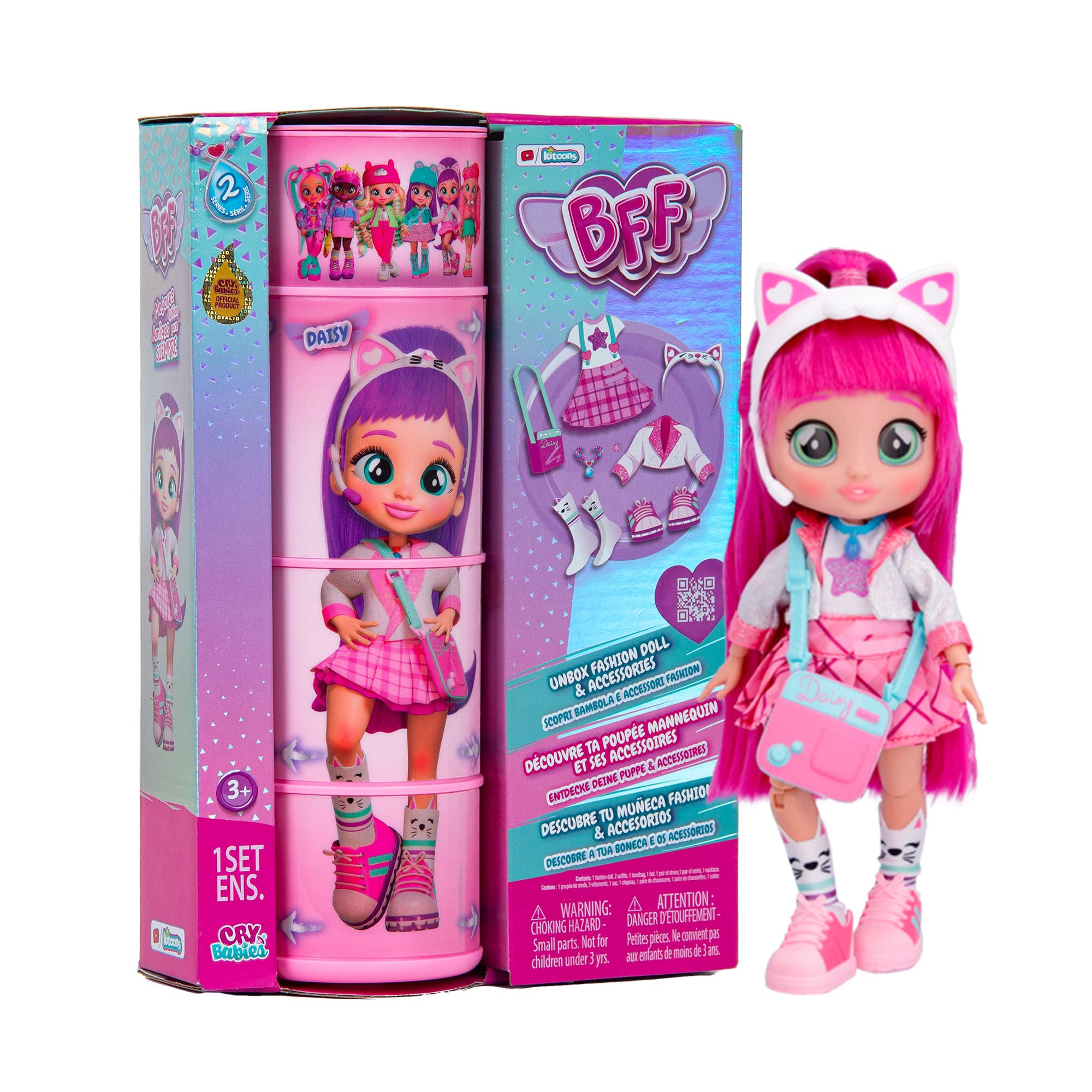 Cry Babies BFF Daisy Fashion Doll with 9+ Surprises Including Outfit and Accessories for Fashion Toy, Girls and Boys Ages 4 and Up, 7.8 Inch Doll, Multicolor