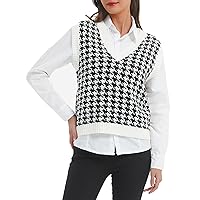 Woolicity Women's Houndstooth V Neck Sweater Vest Sleeveless Knit Vest Crop Sweater Pullover