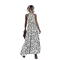 Women’s Casual Halter Neck Sleeveless Floral Long Maxi Dress Loose Ruffle Sundress with Belt