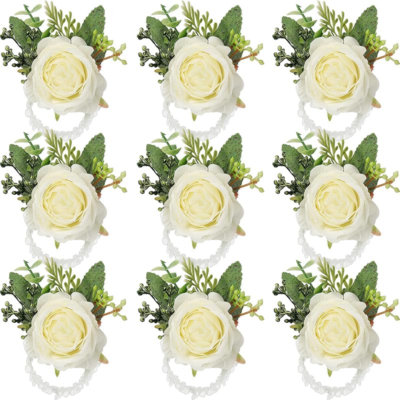 12 Pcs Rose Wrist Corsage Bracelets Wedding Bridal Wrist Flower Hand Flower  Decor Wrist Flower Wristband for Bride Bridesmaid Homecoming Prom Party