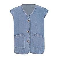 Kids Girls Boys Denim Vest Fashion Button Jean Jacket Tops Tank Waistcoat Gilets Coat Outwear with Pockets