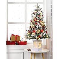 3FT Prelit Premium Snow Flocked Artificial Christmas Tree with Warm White LED, Mini Prelit Xmas Pine Tree for Christmas Decoration,Yard,Home,Office,Outdoor,Indoor,8 Mode Snowflake White Base- 1PC